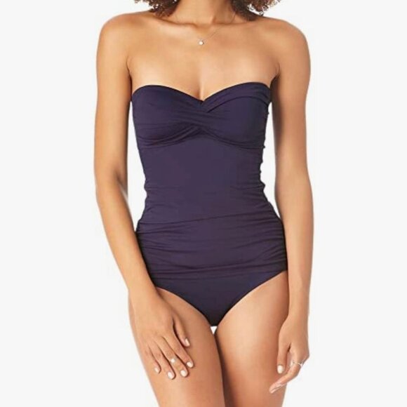 ANNE COLE Twist-Front Bandeau Swim Top Tankini Ruched Body Navy Size S - Picture 2 of 5